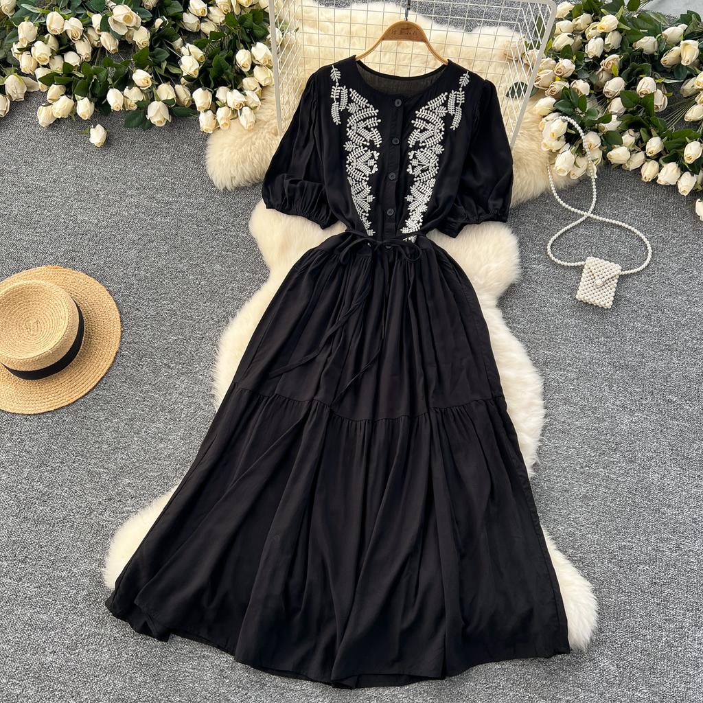 Винтажное платье с круглым вырезом для женщин с рукавами-фонариками, вышитыми шнуровкой, платья А-силуэта, однотонные лоскутные пуговицы, летнее платье