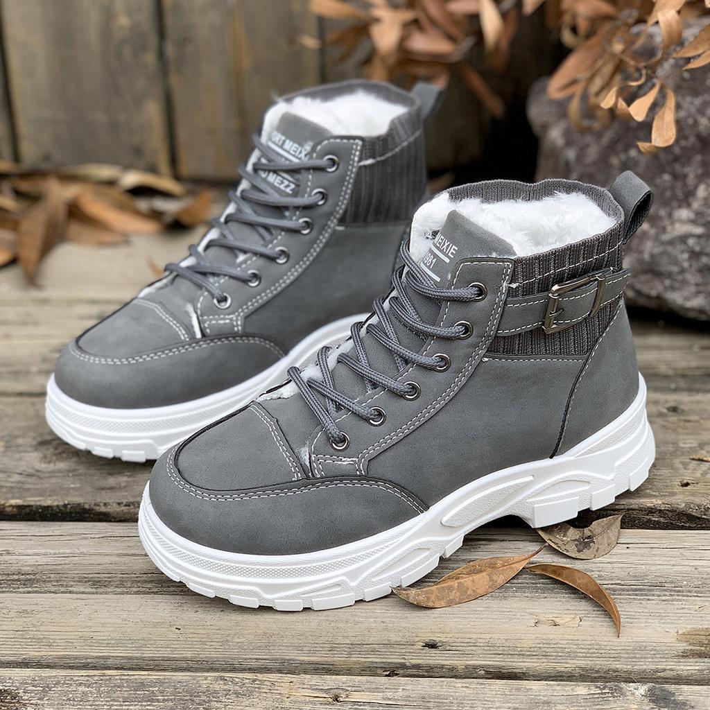 Модные женские теплые ботинки на среднем каблуке, зимние студенческие ботинки на плоской подошве для ходьбы, однотонные ботинки на шнуровке, повседневная спортивная обувь