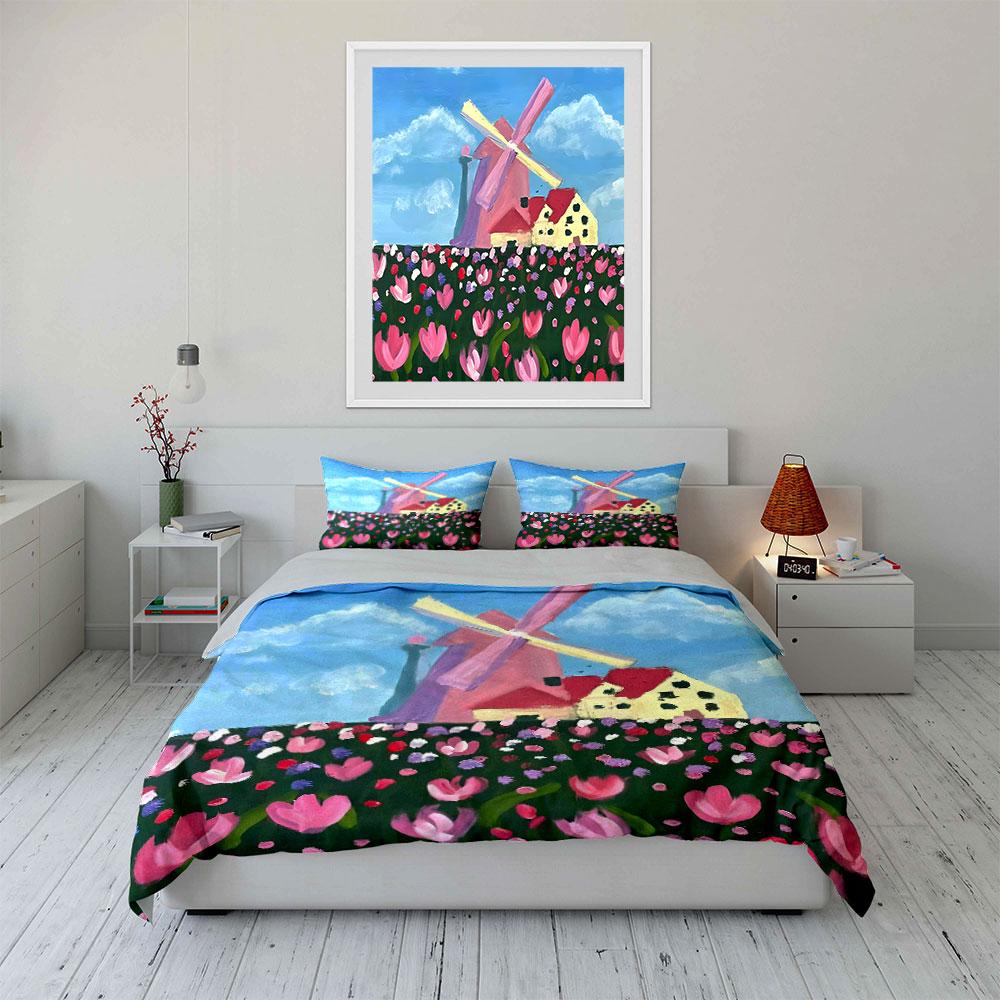 Windmill and Tulip Field Artwork Exquisite three-piece bedding set gift for kids and adults
