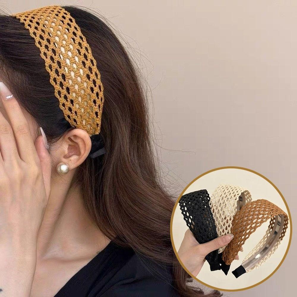 Straw Wide Woven Headband Hollow-Out Weave Braided Headband Women Woven Hair Hoop Summer Vacation