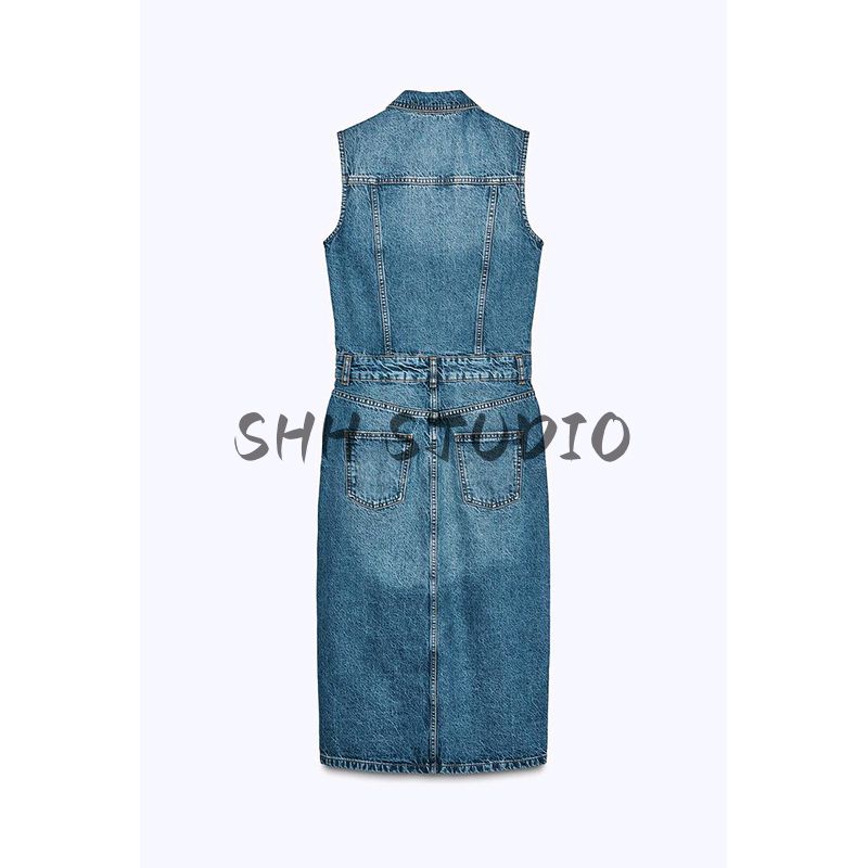 Spring New Women's Clothing Retro Mid Length Long Length Cotton Lapel Sleeveless Denim Dress 9942154