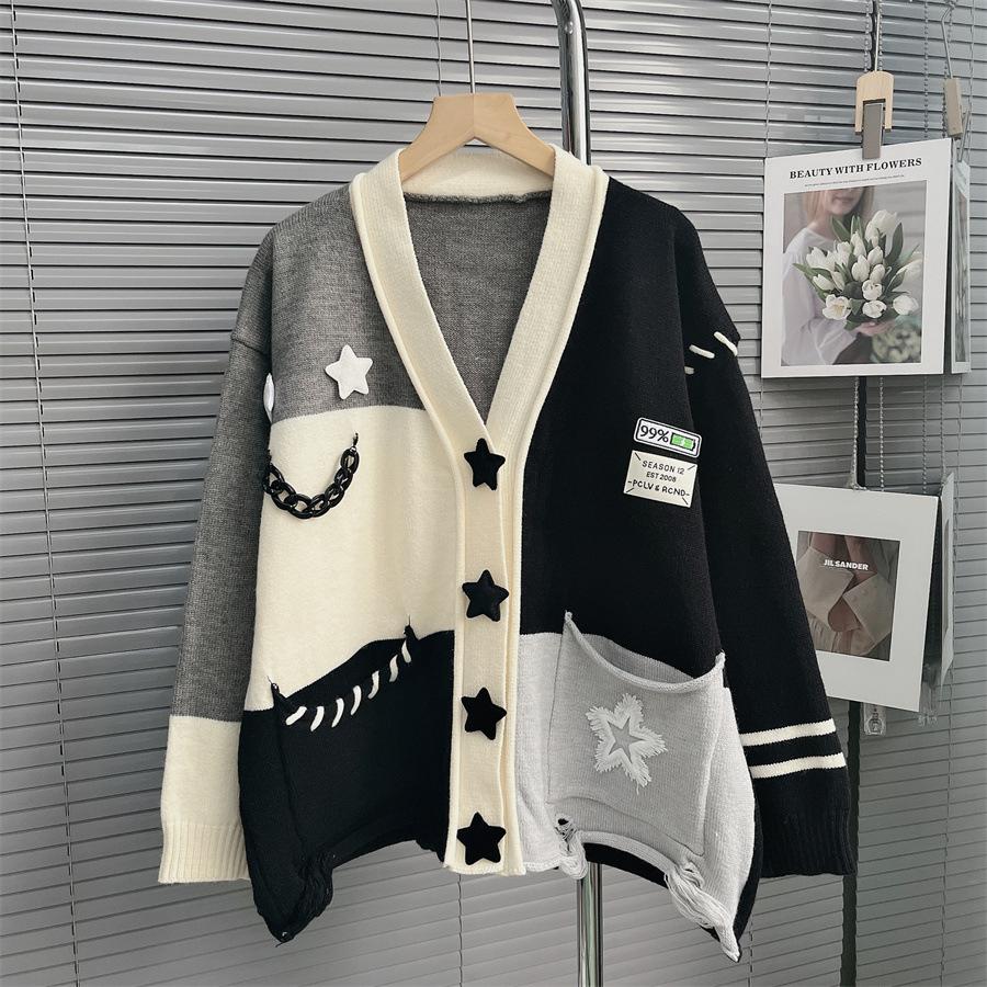 Autumn and Winter Women's Sweater Stars Heavy Splicing Color Collision Soft Knitted Cardigan Lazy Wind Sweater