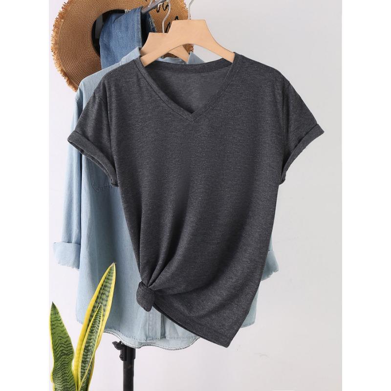 Модные Простые и Универсальные Однотонные Женские Футболки с V-образным вырезом и Короткими Рукавами