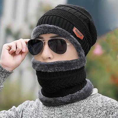 Комплект из зимней вязаной шапки и бархатного шарфа унисекс: Толстая шерстяная шапка с защитой ушей для родителей и детей в холодную погоду