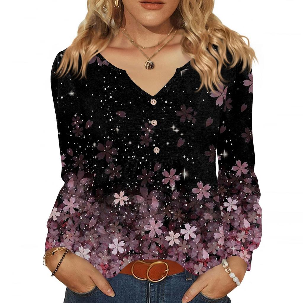 Женская модная повседневная блузка с V-образным вырезом на пуговицах, с длинным рукавом, пуловер, футболка, топ