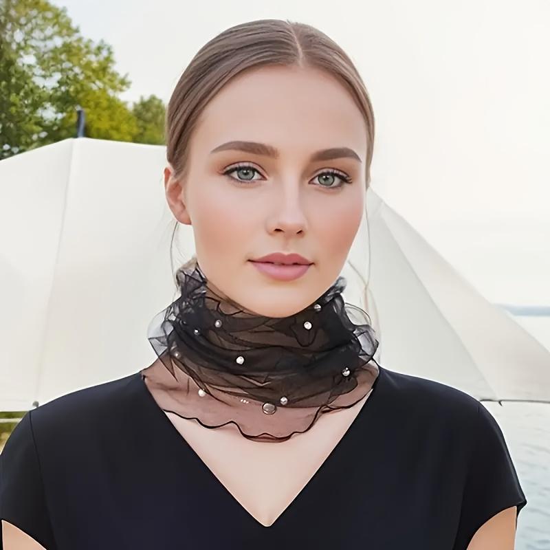 Fashionable Four-Season Nylon Mesh Scarf Adorned with Lace And Pearl Decorations, Providing Lightweight And Transparent Neck Protection.