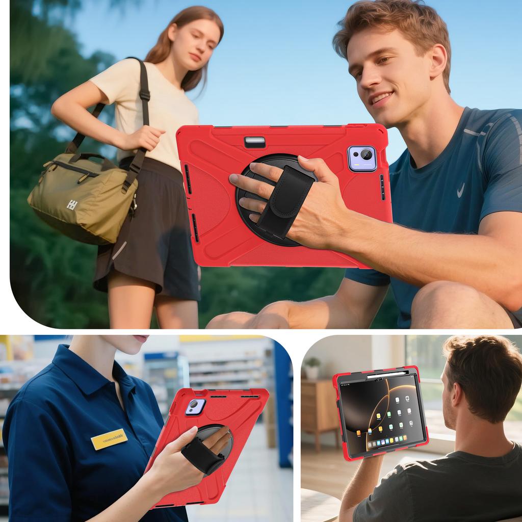 Прочный чехол-подставка для Xiaomi Pad 7 Ultra 2025 14,0 дюйма, вращающийся на 360°, усиленная крышка с ремешком для руки и плечевым ремнем, 3-слойный корпус