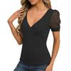 Women's Tops Deep V Neck Cross Wrap Sexy Tops Polka Dot Mesh Short Sleeve T Shirt Casual Blouses