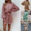 Women Sequined Lace Up Dress O-neck Long Sleeve Short Dress Solid Color