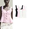 Summer New Women Clothes French Style Square Collar Single-Breasted Short Skirt Hem Stretch Vest Top 5584229