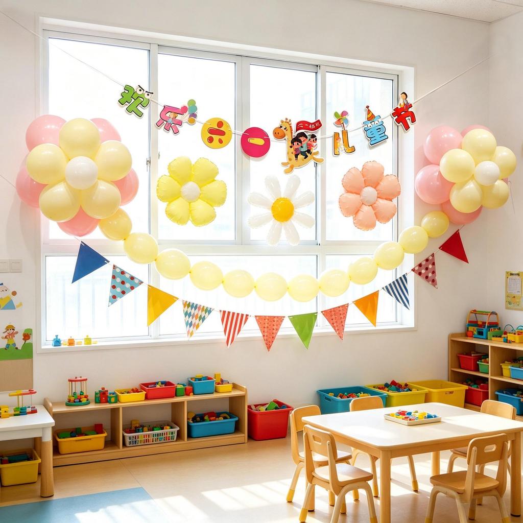 Children's Day Classroom Decorations: Blackboard, Flowers, Balloons, Flag Banners for Kindergarten Atmosphere and Photo Setup