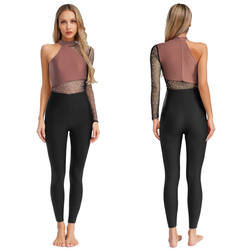 One Shoulder Dance & Stage Bodysuit for Women S-XXL: Sparkling Rhinestone & Sheer Mesh Long Sleeve Gymnastics Costume