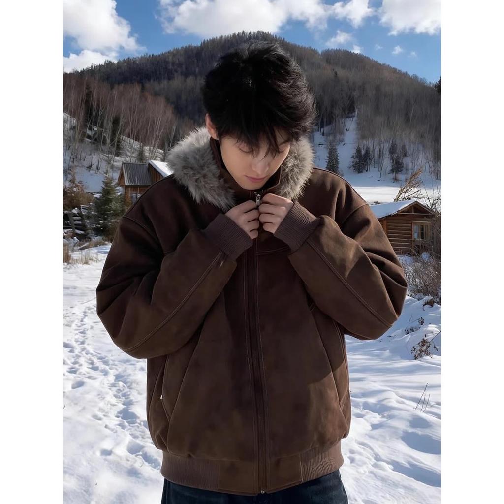 Мужская рабочая куртка в стиле ретро, цвет кофе, с потертостями, из хлопка с текстурой под кожу личи, с длинным меховым воротником и капюшоном, тяжелое зимнее пальто.