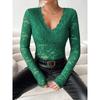 Large Size New Style Fashionable And Elegant V-neck Fan-shaped Solid Color Long-sleeved Slim Pullover Lace Top For Women