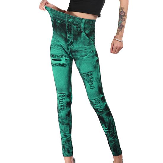 Сексуальные эластичные леггинсы с искусственной имитацией джинсов, штаны с высокой талией, тонкие леггинсы для фитнеса, спортивные леггинсы пуш-ап для женщин