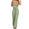 2 Pcs/Set Pants Top Suit Low-cut V Neck Sleeveless Solid Color Shirring Drawstring High Elastic Waist Lace Women Summer Pajamas Set Homewear