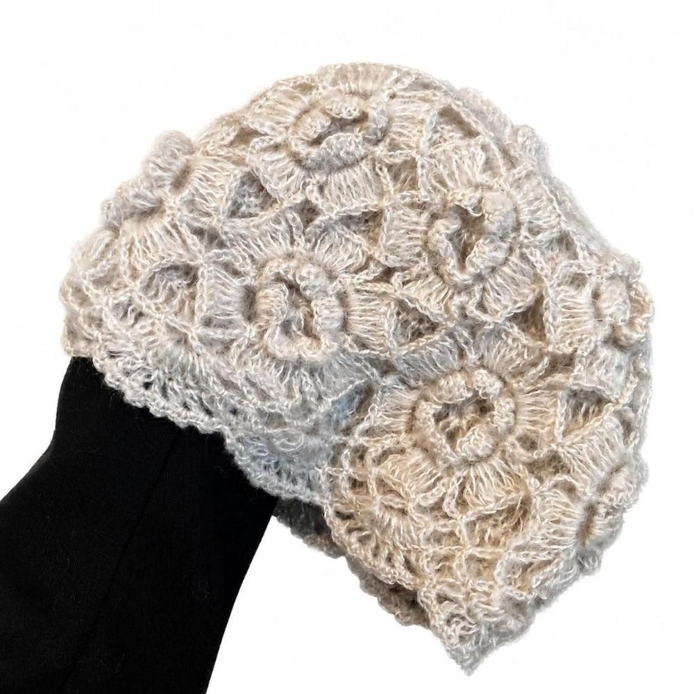 Hollow Mesh 3D Flower Knitted Beanie Hat Handmade Mesh Knit Cap Turban Knit Hat Women Casual Wear