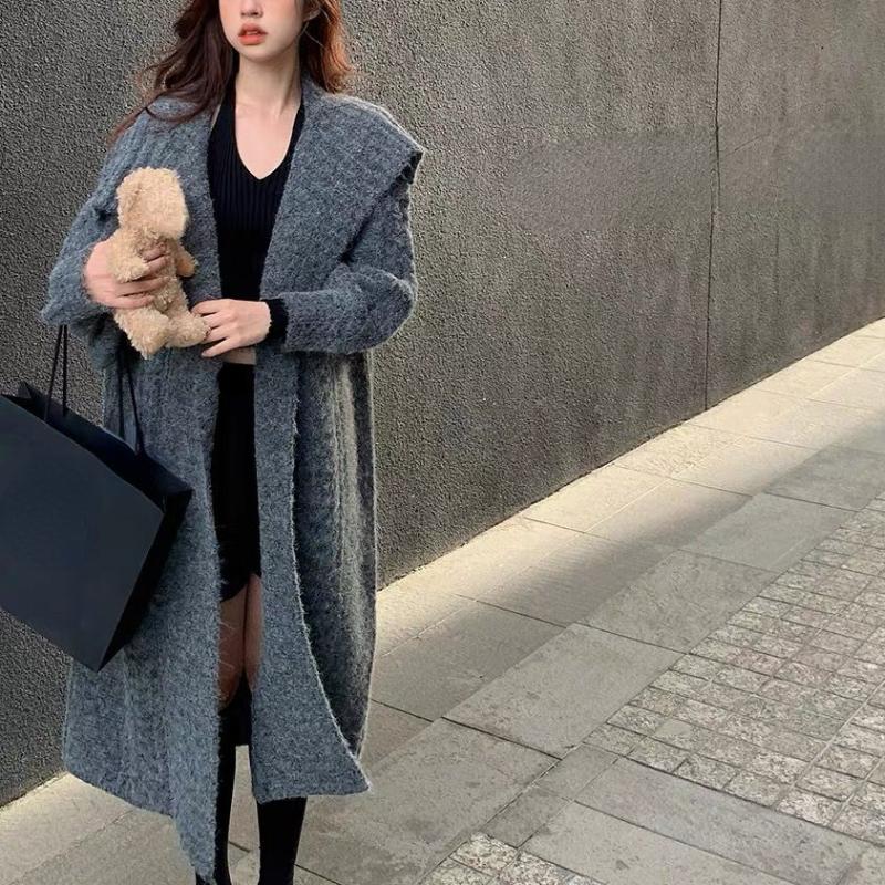 Французский винтажный вязаный кардиган, пальто, женский повседневный свободный свитер с длинным рукавом, длинные пальто, офисные женские туфли, корейский шик, зима 2023