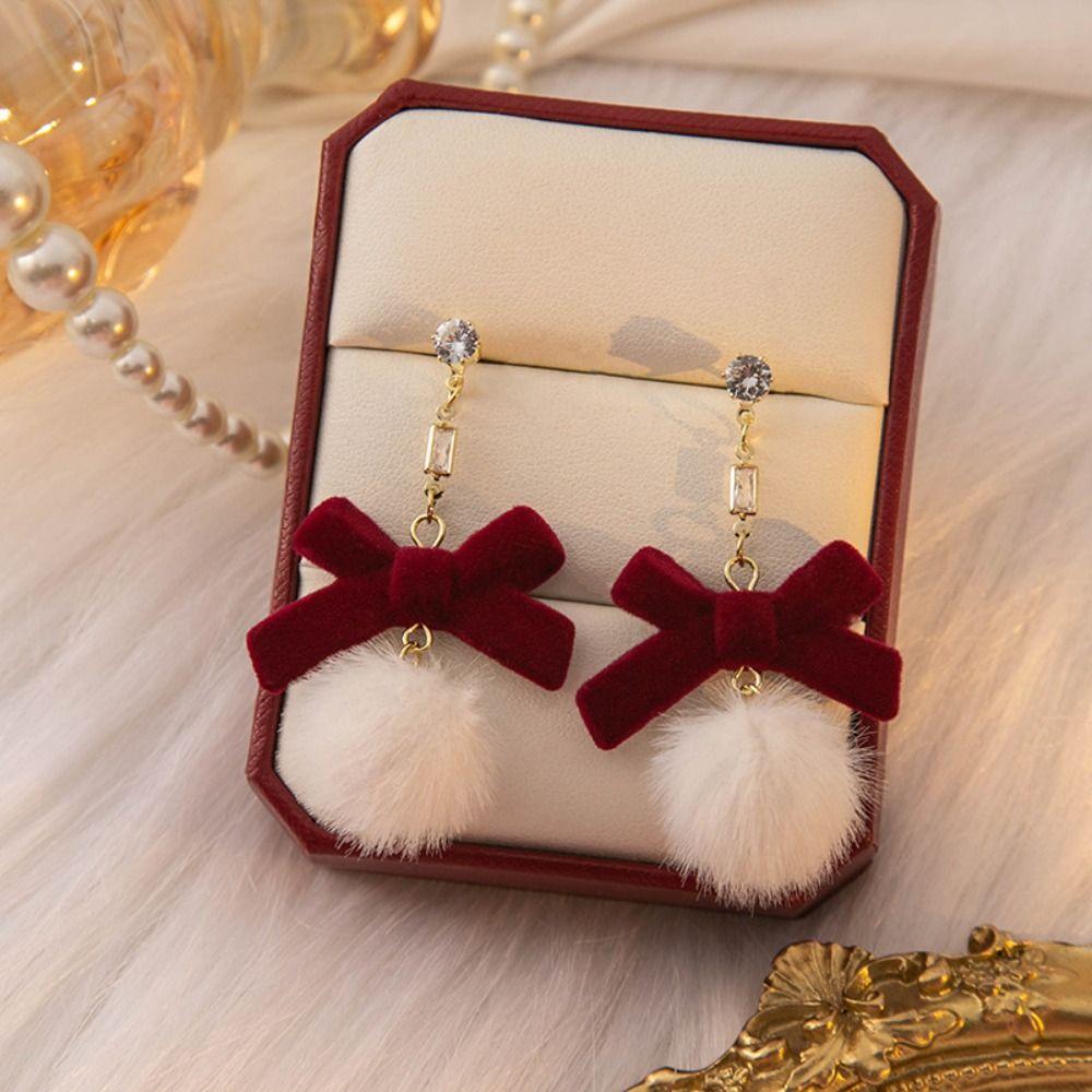 Zinc alloy Long Tassel Chain Flocking Bow Dangle Earrings NEW Earrings  New Year Gift