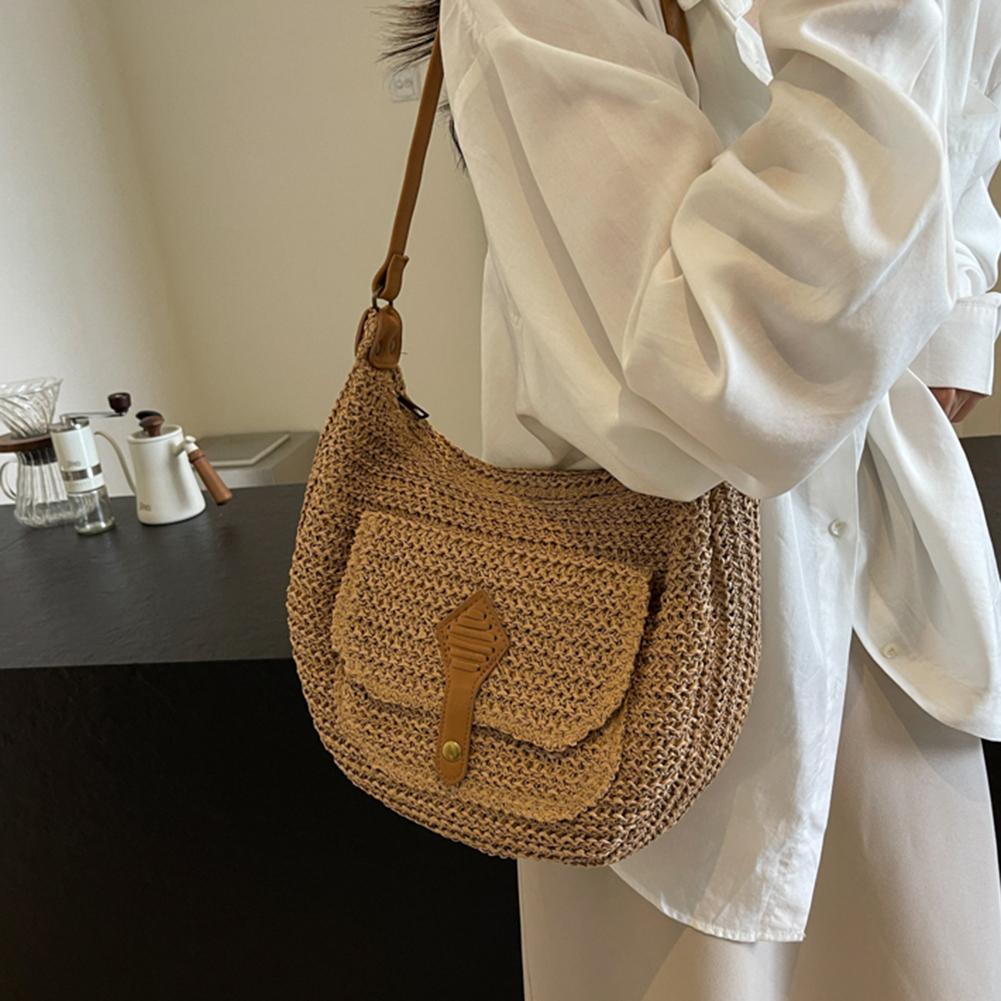 Summer Beach Woven Crossbody Bag Straw Weaving Shoulder Bag 2025 Raffia Zipper Handbag Boho Rattan Hand-Woven Travel Satchel Bag