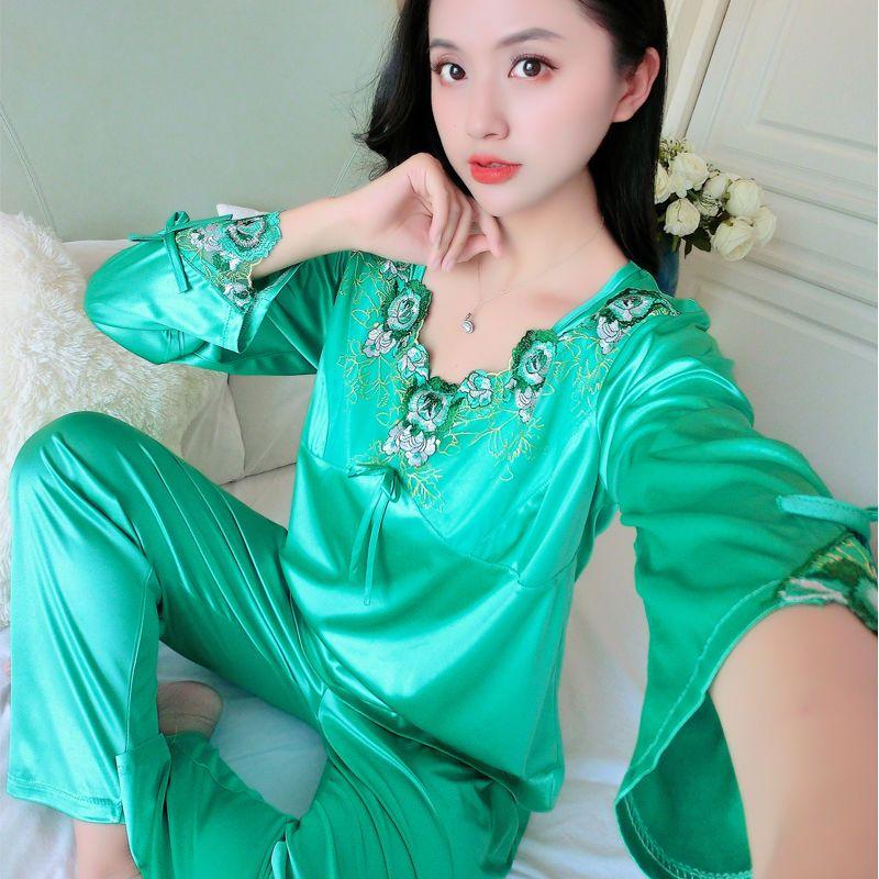 Pajama Women's Summer Ice Silk Long Sleeved Pants Two-piece Set Loose Oversized Lace Sexy Home Clothing Autumn