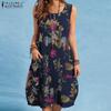 Women Casual Floral Print Summer O-neck Sleeveless Dress