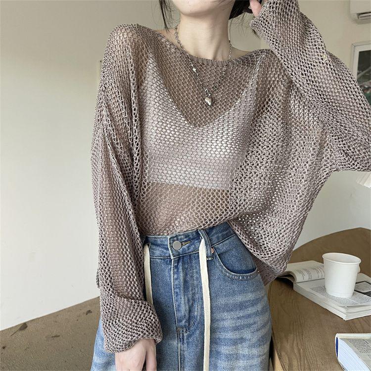 Sunscreen Knit Cardigan: Women's Backless Pearl Thin Long Sleeve Pullover for Summer & Early Autumn