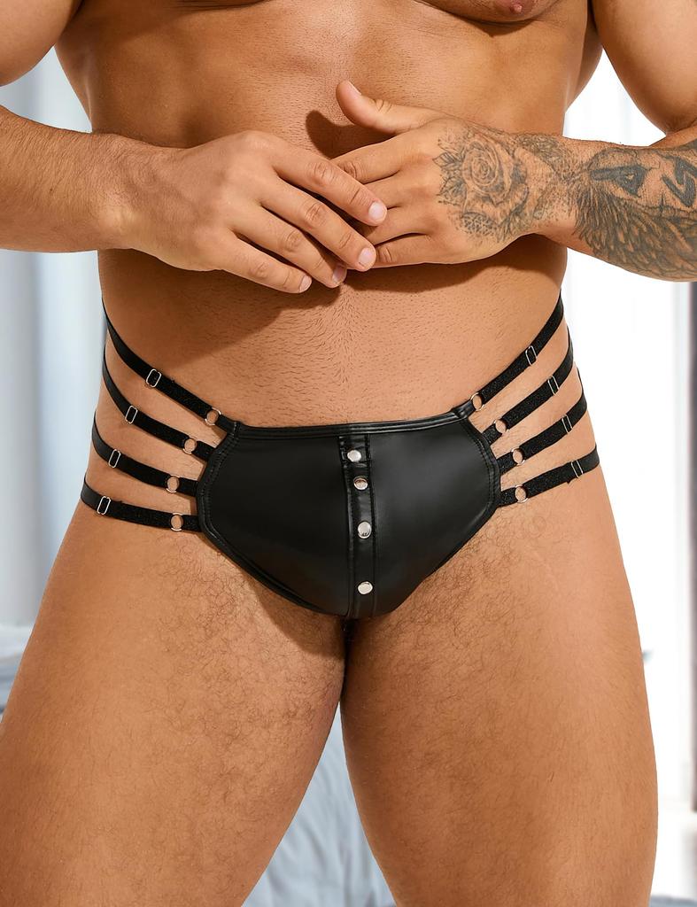 Сексуальный перед из ПУ кожи плюс сексуальное мужское белье [ohyeah] Мужские стринги, нижнее белье, G-стринг, дышащие, с отделкой заклепками, U-образный гульфик, выпуклость,