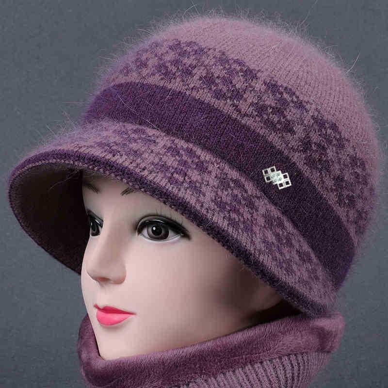 Warm Wool Knit Hat & Scarf Set for Middle-Aged & Elderly Ladies - Thickened Velvet for Autumn & Winter