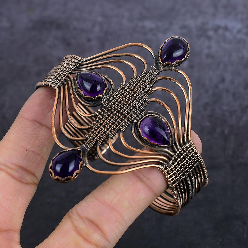 Браслет-манжета из медной проволоки с аметистовым драгоценным камнем, регулируемый, ручной работы A1i25