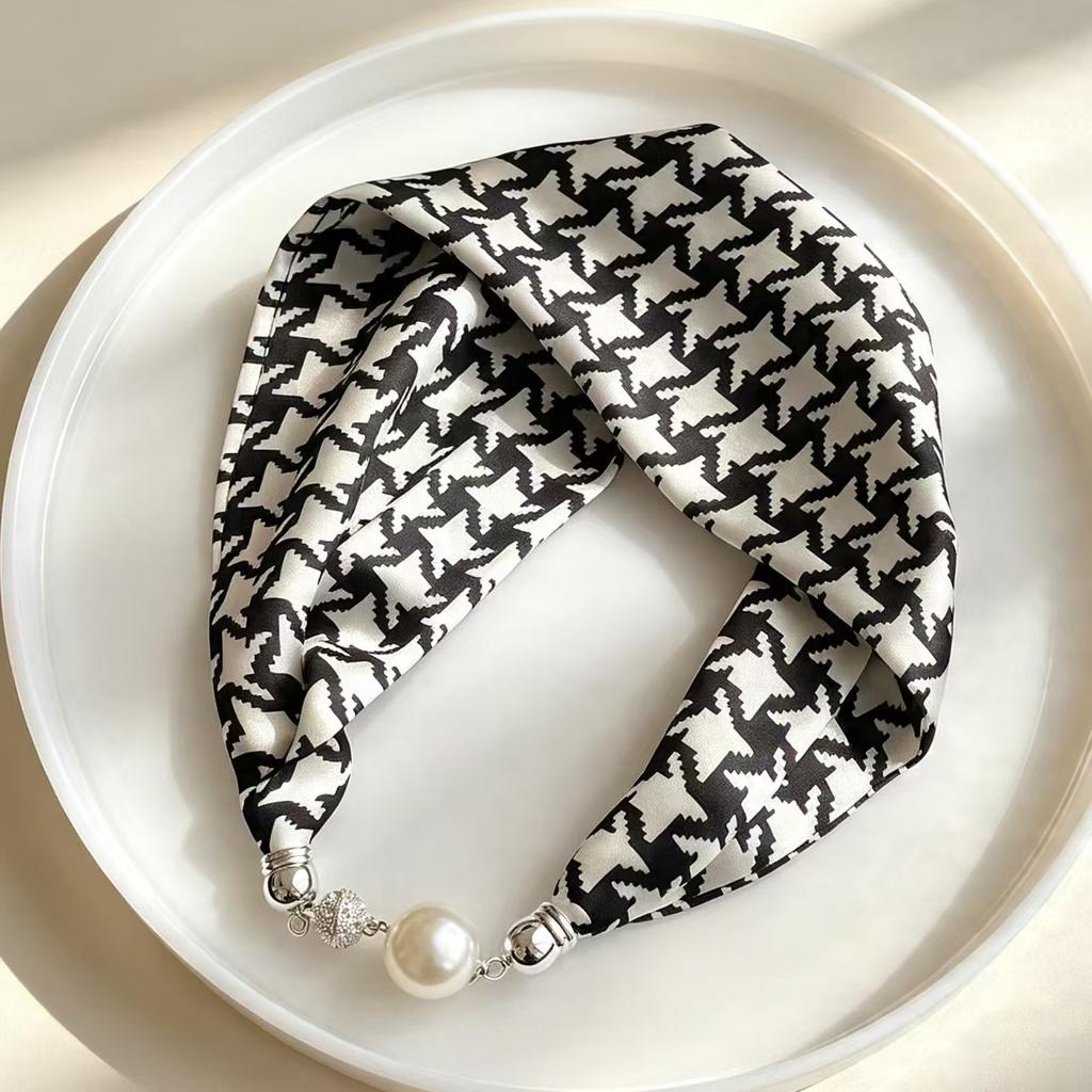 New retro pearl magnetic buckle small silk scarf women's high-end satin printed scarf summer versatile small scarf