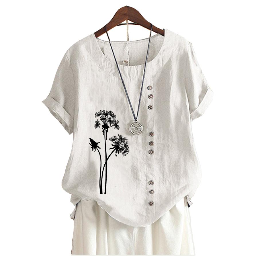 Women Fashion Cotton Linen Blouse Summer&fall Round Neck Short Sleeved Top Laides Casua Floral Print Loose T-shirt