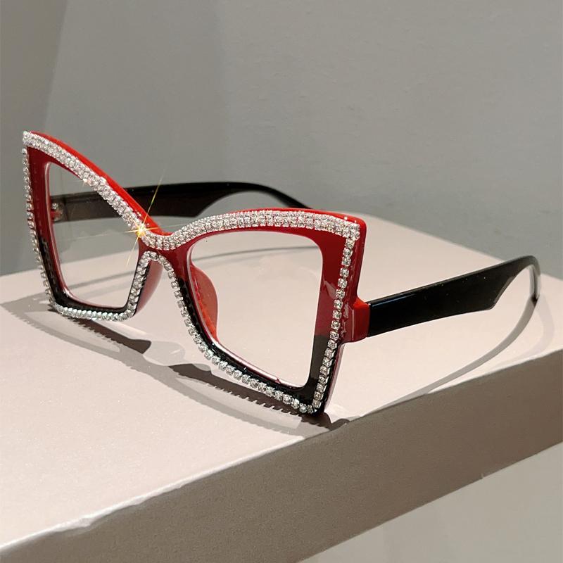 Trendy Retro Oversize Cat Eye Frame Women Crystal Shiny Decor Glasses Blue Light Blocking Ins Brand Design Eyewear