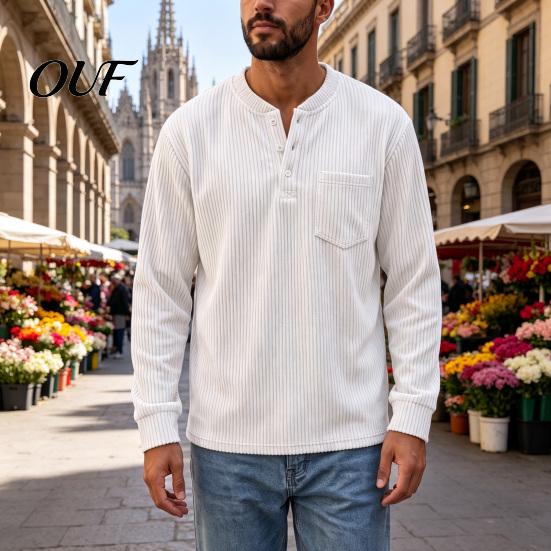 Casual Weekend Outfits for Men Corduroy Pullover Shirt, Long Sleeve Button Collar with Chest Pocket, Daily Wear Shirt Loose Fit Ribbed Textured