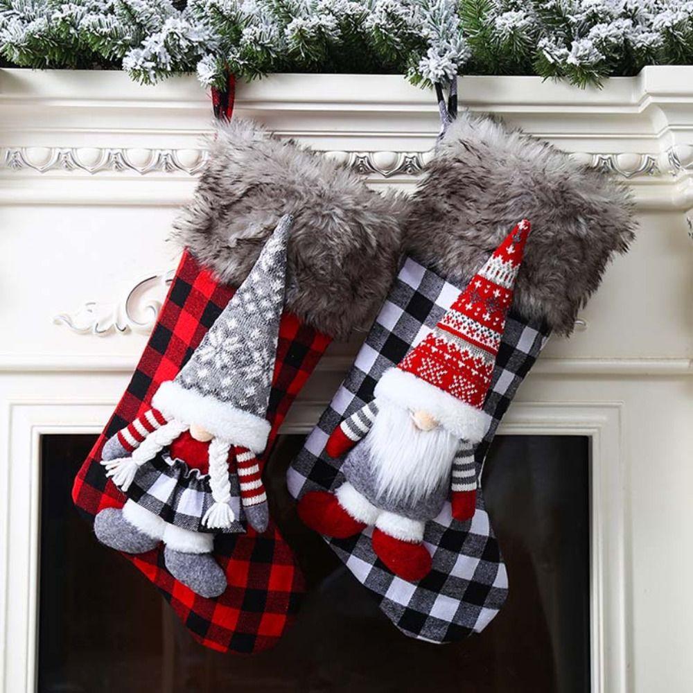 Large Size Dwarf Christmas Stockings Lattice Pattern Three-dimensional Doll Gift Bag Furry Long Hat Christmas Tree Pendant Kids