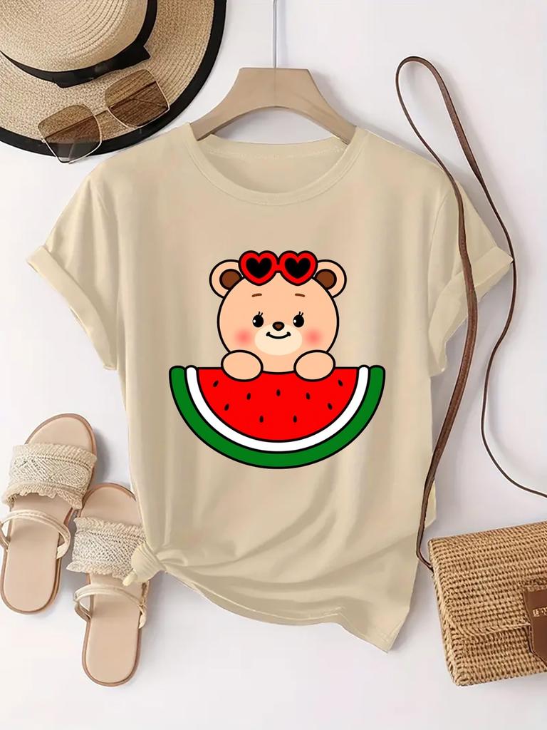 Women Summer Cute Bear with Red Heart Glasses Watermelon Print Casual Daily Crew Neck Comfortable Short Sleeve Tops for Ladies
