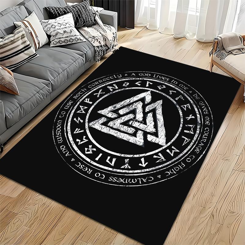 Area Rug, Viking Valknut Distressed White Black Rune Circle Warrior Poster, Living Room Decor, Non-Slip Mat