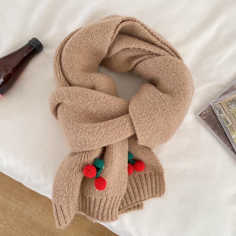 Cherry Knitted Wool Scarf Female Winter Cute Girl Soft Girl Small Fresh Versatile Student Warm Scarf