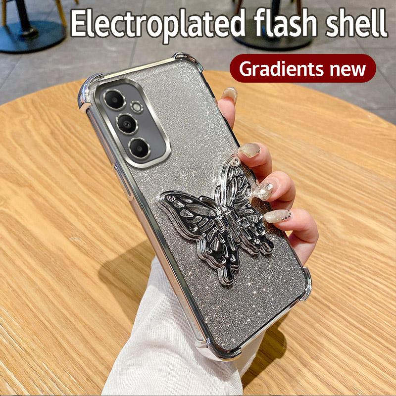Противоударный чехол для телефона с покрытием и подставкой-бабочкой для Samsung Galaxy A06 A16 A05 A05S A15 A25 A35 A55 A54 A53 5G, блестящая мягкая накладка