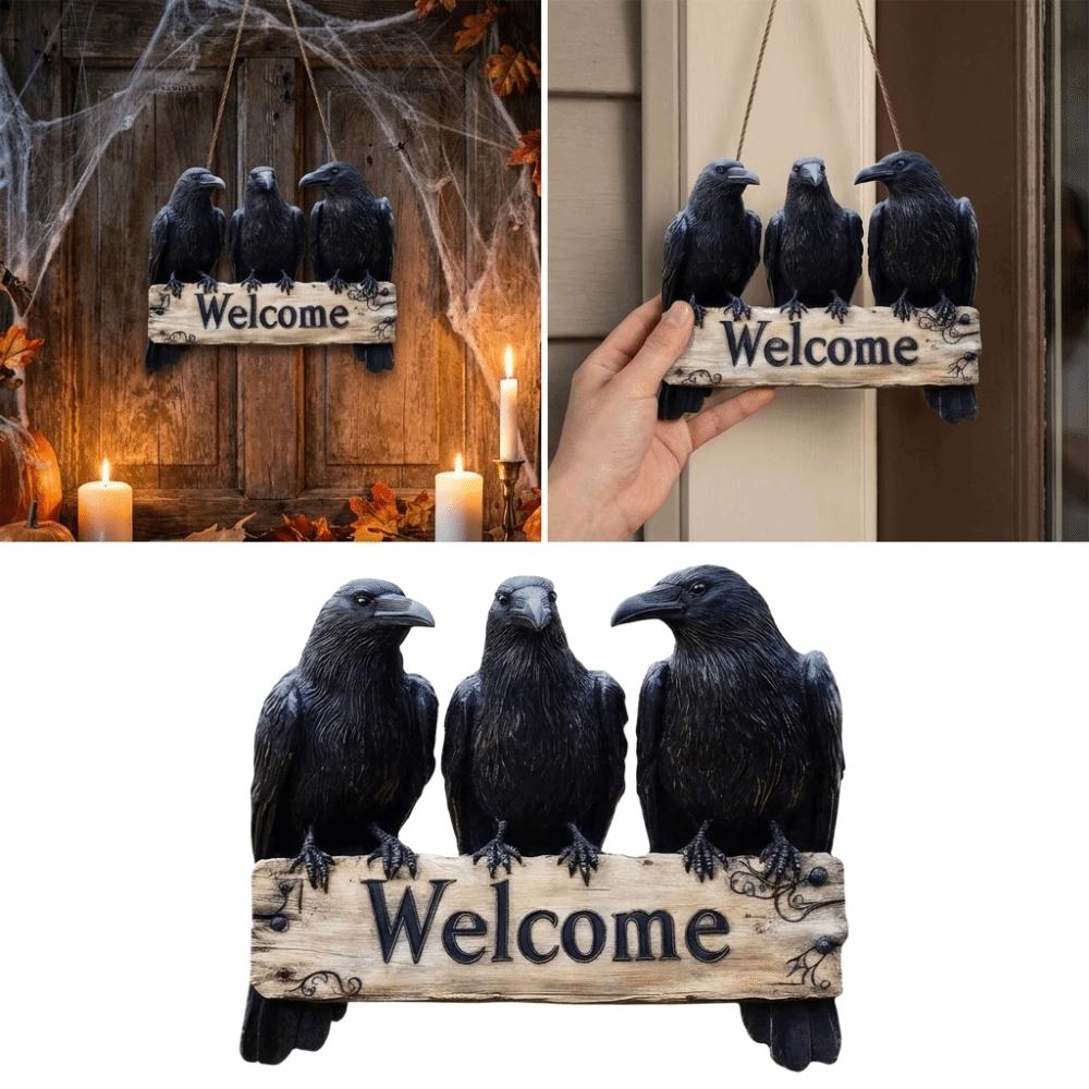 Hanging Tag Design Wooden Door Sign Black Crow Pattern Welcome Sign  Halloween Decor