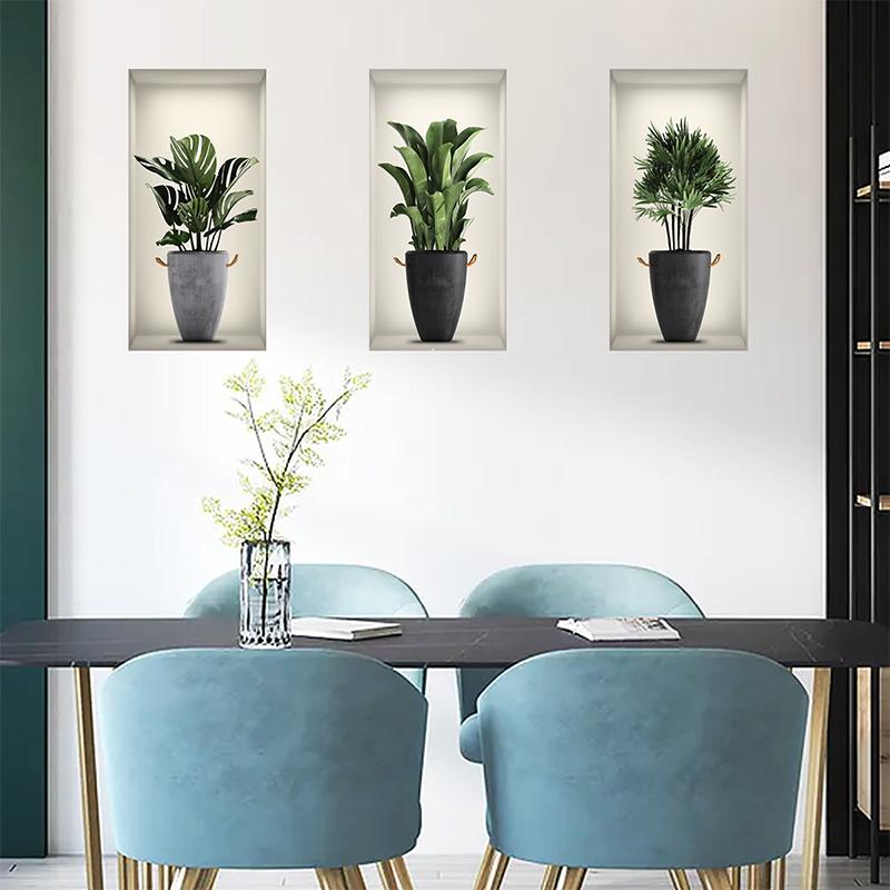 3 Sheets Green Plant Potted Plant Wall Sticker 3D False Window Wall Decals