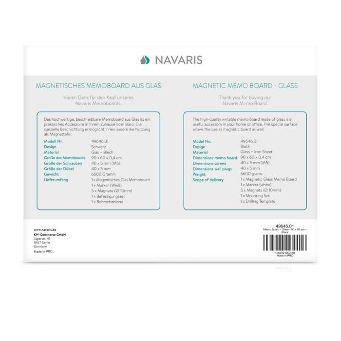Navaris tableau noir magnétique en verre - tableau mural effaçable 90 x 60 cm avec 1x stylo feutre 5x aimant et kit de fixation -