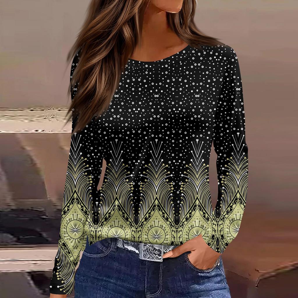 Женская модная повседневная свободная футболка с принтом и круглым вырезом с разрезом и длинным рукавом, женский топ