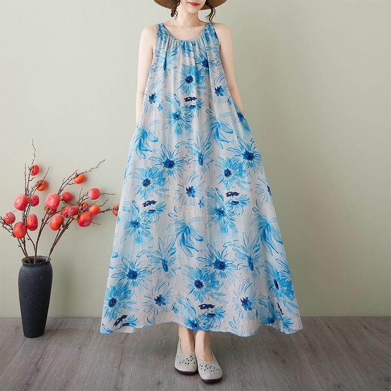 Новое хлопковое винтажное платье с цветочным принтом без рукавов больших размеров для женщин, повседневное свободное длинное летнее платье