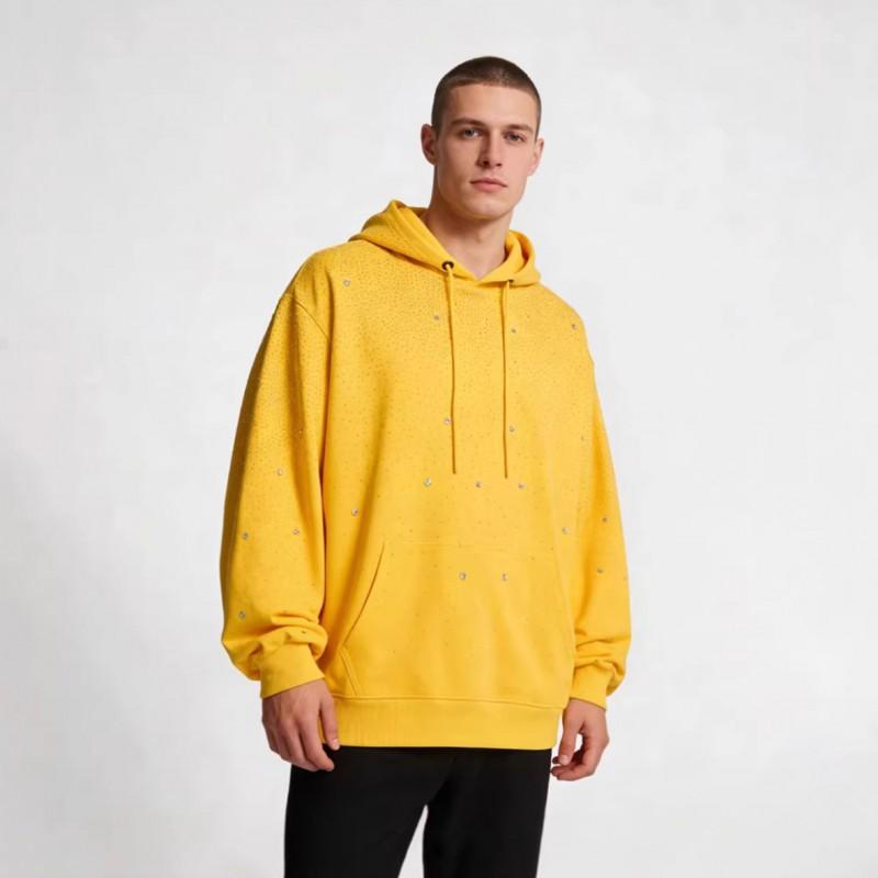 Street Style Yellow Hoodie Allover Rhinestone Star Design Cotton Pullover Men Women