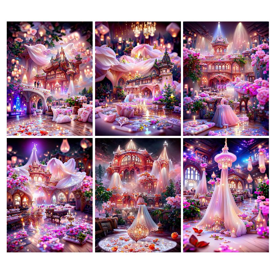 Алмазная картина Романтический розовый пейзаж Дом Diy Полный квадратный круглый дрель Горный хрусталь Вышивка Фэнтезийный замок Мозаика Наборы для вышивки крестом Настенный декор