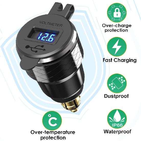 USB C 30W PD3.0 Fast Charger Din to USB, Hella Plug USB Adapter, 18W QC3.0 Power Outlet, Aluminum Voltmeter for 12V-24V Ducati Triumph BMW Motorcycle