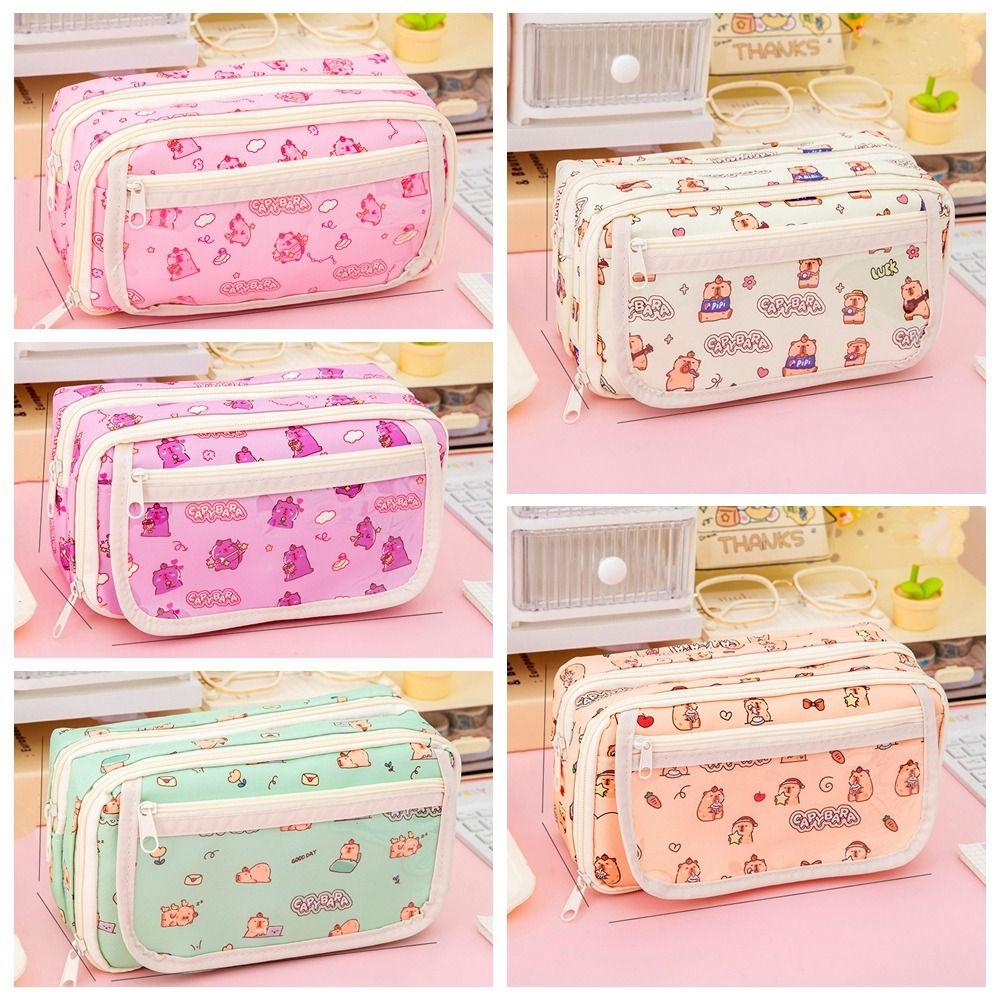 Canvas Cartoon Pencil Cases Large Capacity Stationery Bag Portable Capybara Pen Bag  Students Gift
