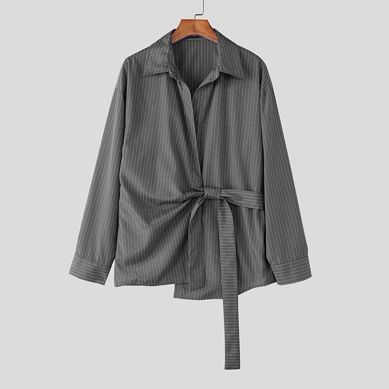 INCERUN Мужские весенние рубашки с отложным воротником, длинным рукавом, боковым перекручиванием, в полоску