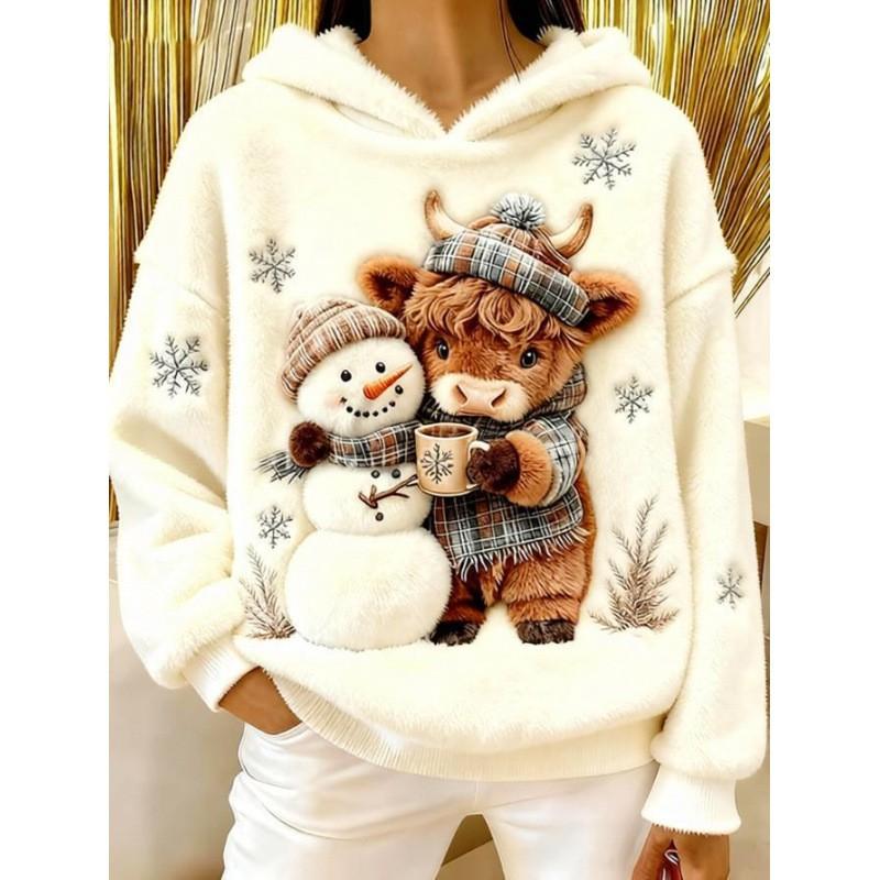 Womens Flannel Hooded Sweatshirt With 3D Dog Print - Cozy Casual Long Sleeve Top Winter